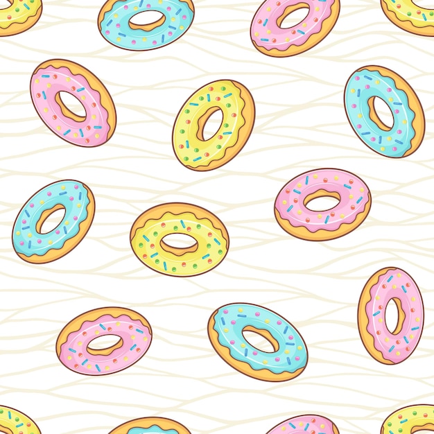 Pink yellow and blue glazed donuts Vector seamless pattern with falling donuts