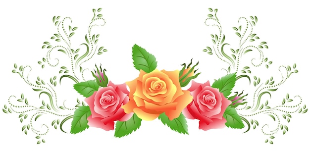 Pink and yellow roses with green floral ornament