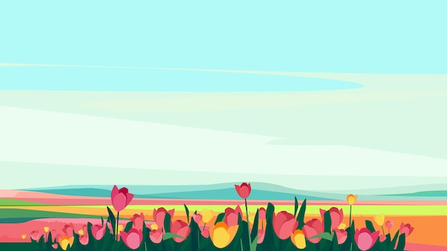 Vector pink and yellow tulips on the meadow