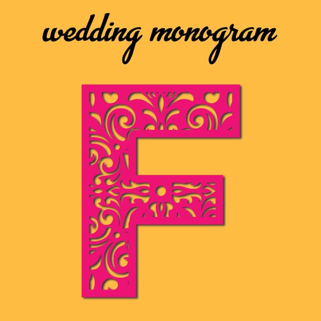 A pink and yellow wedding monogram with a heart pattern.