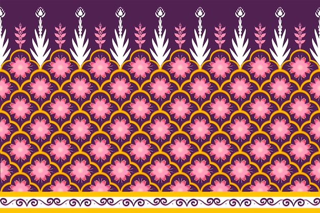 ピンク、イエロー、ホワイトオンパープル。背景、カーペット、壁紙、衣類、ラッピング、バティック、ファブリック、ベクトルイラスト刺繡スタイルの幾何学的なエスニックオリエンタルパターンの伝統的なデザイン。