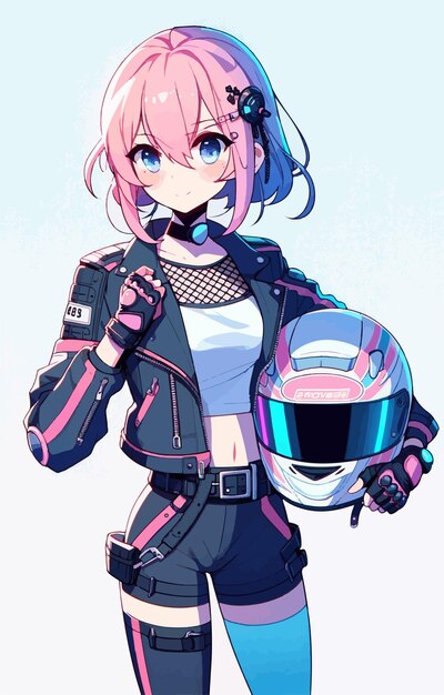 ベクトル 未来的なヘルメットとジャケットを着たピンクヘアのアニメキャラクター