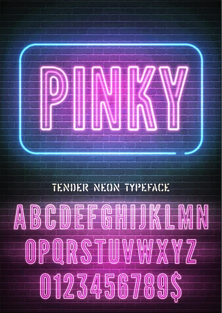 Pinky nachtlampje extra gloeiend effect vet smal lettertype met getallen op bakstenen muur achtergrond Vector fris neon alfabet
