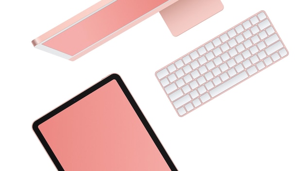 Набор гаджетов Pinky Top View: реалистичный персональный компьютер и планшет на белом фоне. Векторная иллюстрация