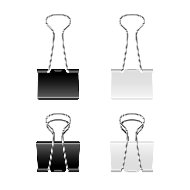 Pins metallic paper clips Office binder steel fasteners organized announcement open and closed metal black and white documents and notes holder school stationery tools realistic vector isolated set