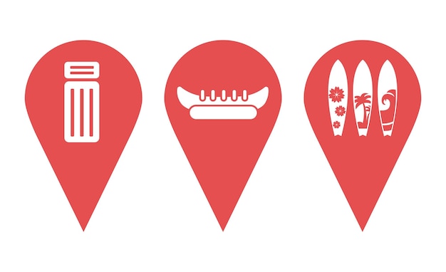 Vector pins pointing to the sea, shopping center. surf icons, surfboard, swim mattress, inflatable banana