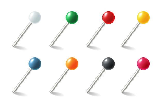ピン リアルな色のポインター メモを添付するための 3 d 画鋲 金属針付きの分離されたプラスチックの丸いボタン 画鋲または裁縫ツール マップ マーカー テンプレート ベクトル オフィス文具