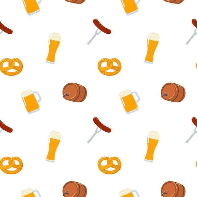 Pint of beer barrel pretzel sausage seamless pattern background in flat doodle style for Oktoberfest