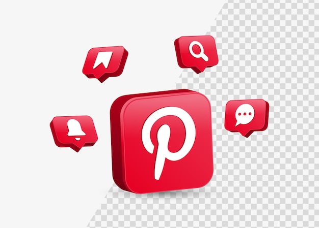 말풍선에 알림 아이콘이 있는 소셜 미디어 로고용 정사각형의 pinterest 아이콘 3d 로고