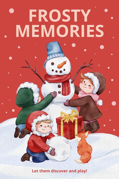 Pinterest template with children enjoy winter concept watercolor style