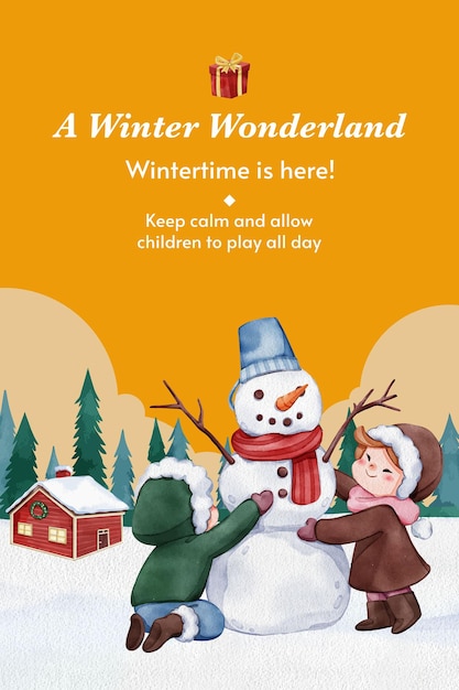 Pinterest template with children enjoy winter concept watercolor style