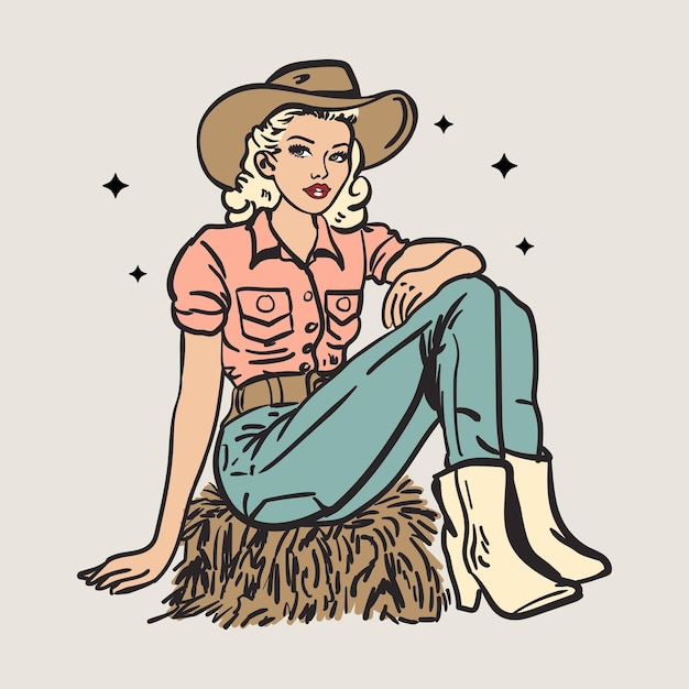 Pinup Cowgirl Sitting Down Retro Vintage Art Design for Graphic Tees