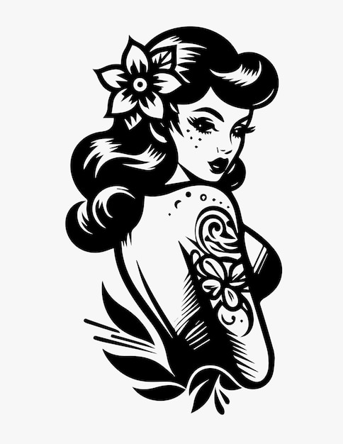 Pinup vrouw bloem tatoeage ontwerp vector