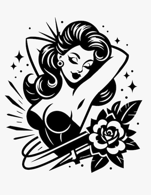 Pinup vrouw bloem tatoeage ontwerp vector