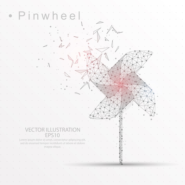 Vector pinwheel digitally drawn low poly triangle wire frame.