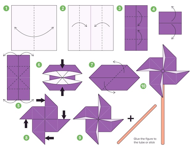 Pinwheel origami schema zelfstudie bewegend model. Origami voor kinderen. Stap voor stap