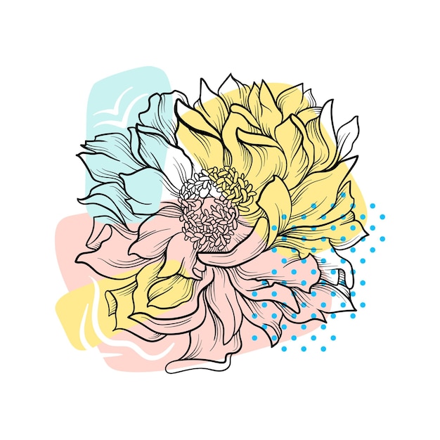 Pioenbloem met kleurrijke abstracte achtergrond botanische tekening lijn kunst handgetekende vectorontwerp