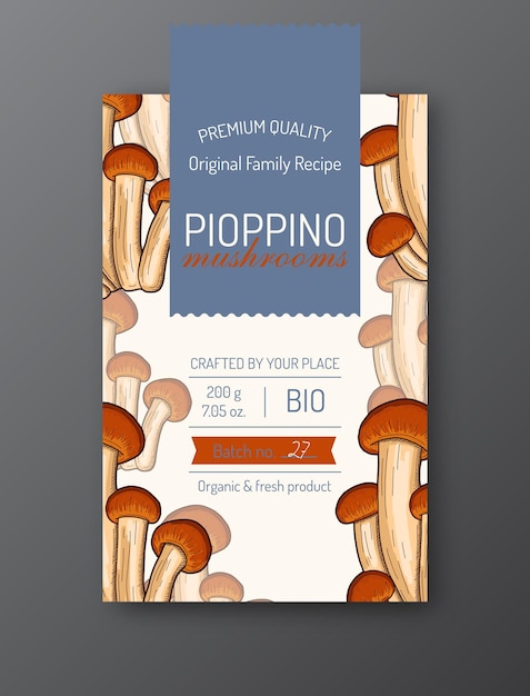 Pioppino paddestoel labelsjabloon moderne vector verpakking ontwerp lay-out geïsoleerd