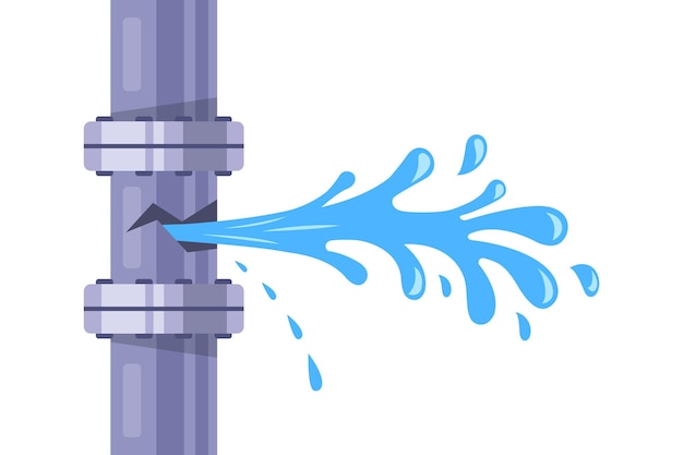 Vector pipe burst water flows from the hole flat vector illustration