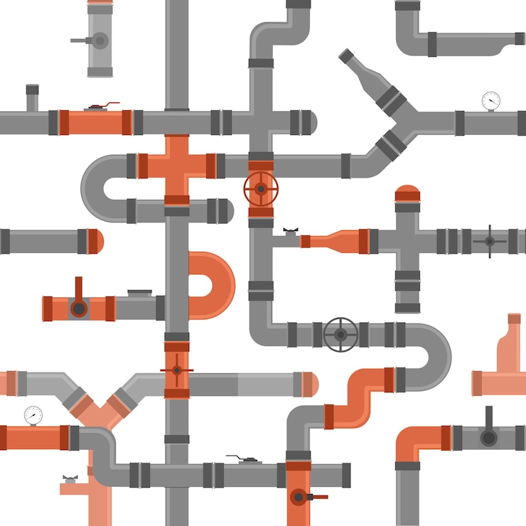Vector pipe connector and valve background pattern for water, fuel, oil and gas industrial elements . vector illustration