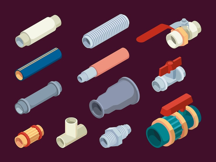 Vector pipe counters. valves temperature and water measuring scale plumbing equipment steel counters garish vector isometric illustrations. pipe and valve, water piping and gas supply tube