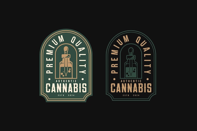 Vector pipe dropped bottle badge logo design for cannabis and medical company business brand identity