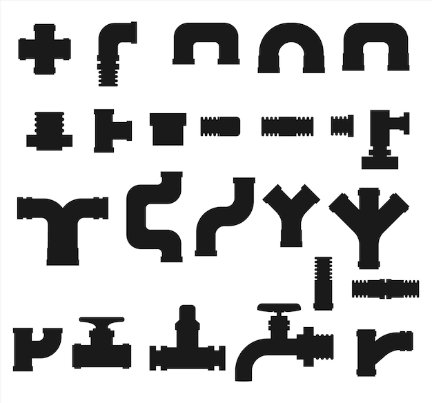 pipe fittings vector icons set tube industry construction pipeline drain set of pipes silhouettes