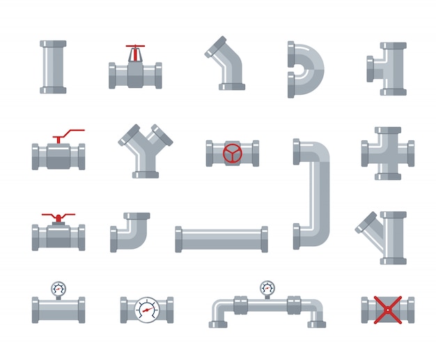 Трубы стальные и пластиковые соединители, водопроводные трубы. сантехника, детали трубопроводов и клапаны, промышленные дренажные системы вектор плоской иллюстрации