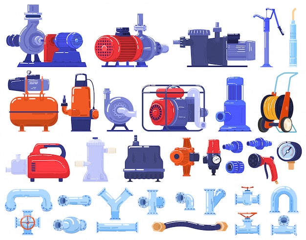 Pipe water pumps machinery, equipment, pipeline technology in industry set of   illustration.