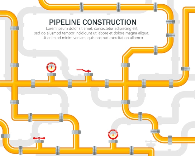 노란색 바탕에 산업 파이프 라인입니다. 파이프 라인 용 예비 부품. 레버는 밸브를 열거 나 닫습니다. 트럼펫의 기름, 물 또는 가스.