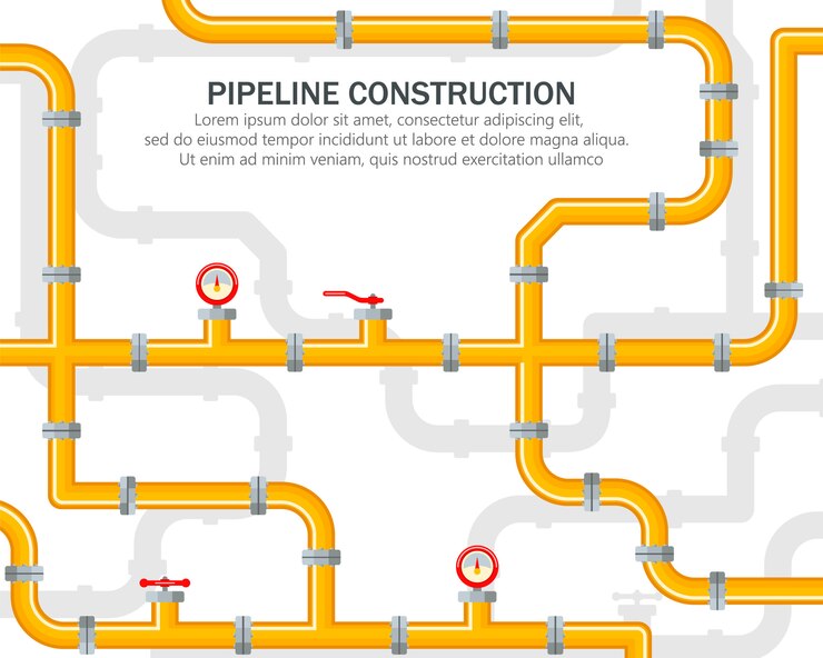 Vector pipeline industrial on yellow background. spare parts for the pipeline. the lever opens or closes the valve. oil, water or gas in trumpet.