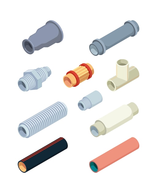 Pipes isometric industrial pictures of pvc plastic pipes repairing details for bathroom garish vector valves industrial connectors