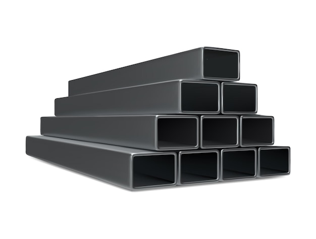 Vettore pipe stack quadrato dritto metallo d'acciaio pezzi industriali per la conduzione di fabbriche o lavori di costruzione isolati su sfondo bianco set vettoriale 3d realistico