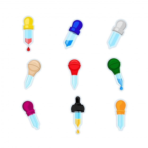 Pipette Icon. Set of different colors pipettes with blood, water or oil isolated on white background.