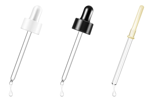 Pipetteermodellen voor druppelflesje geïsoleerd op een witte achtergrond. Vector illustratie. Vooraanzicht. kan worden gebruikt voor cosmetische, medische en andere behoeften. Realistische 3D-pictogrammen, geïsoleerd op een witte achtergrond