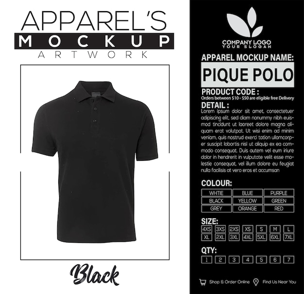 Vector pique polo zwarte kleding mockup artwork design