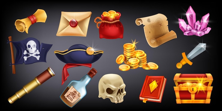 Vector piraat cartoon spel pictogrammenset vector schat avontuur corsair object jolly roger vlag gouden munt
