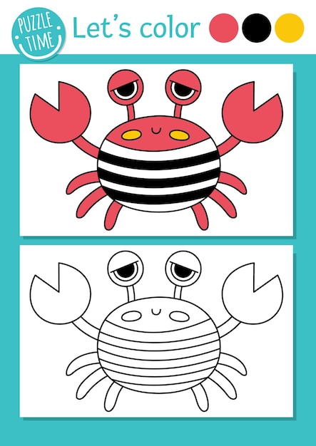 Piraat kleurplaat voor kinderen met schattige krab Schateiland omtrek vectorillustratie Kleurboek voor kinderen met gekleurd voorbeeld Tekenvaardigheden afdrukbaar werkbladxA