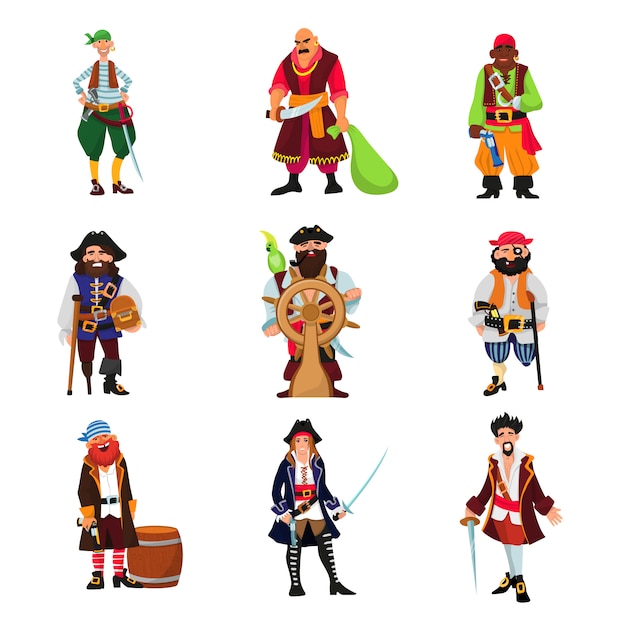 Piraat piraat karakter zeerover man in piraten kostuum in hoed met zwaard illustratie set