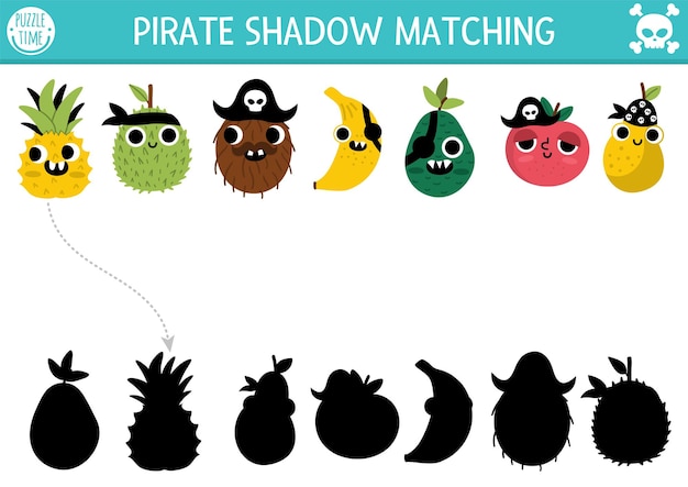 Piraat-schaduwmatching-activiteit schateilandjacht puzzel met schattige fruitpiraten zoek het juiste silhouet afdrukbaar werkblad zee-avonturenpagina voor kinderen met appelbanaanxa