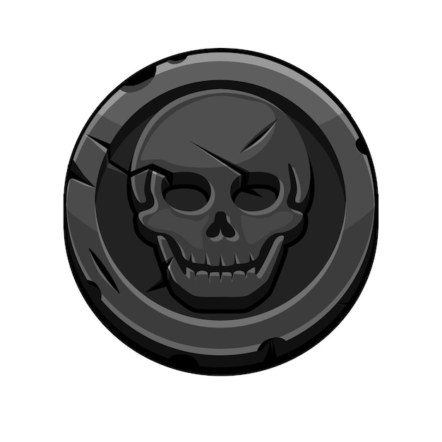 Piraat zwarte ronde markering of munt voor spel. Vectorillustratie van een munt met een enge schedel.