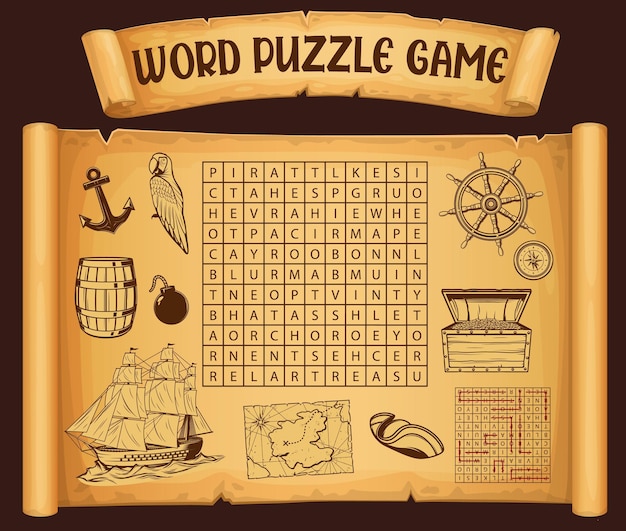 Gioco di puzzle di ricerca di parole sulla mappa dei pirati e della pirateria