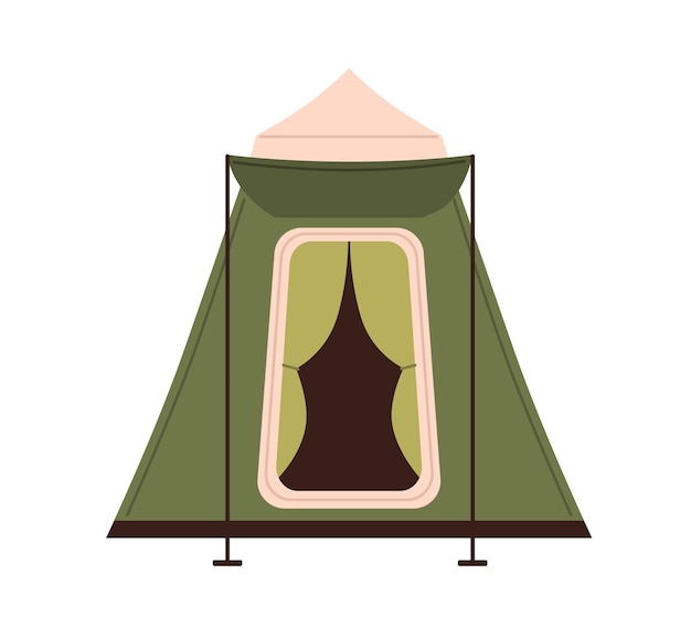 Piramide tent met driehoek dak en luifel geïsoleerd op een witte achtergrond. Canvas overkapping voor natuurrecreatie, kamperen en wandelen. Toeristische uitrusting. Gekleurde platte cartoon vectorillustratie.