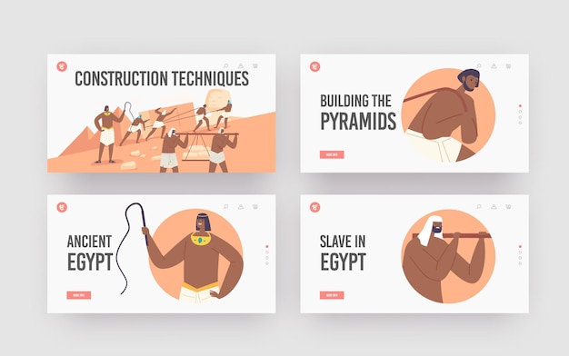 Piramides constructie bestemmingspagina sjabloon set. Slavenkarakters die Egyptisch Monument bouwen in de woestijn van Giza. Meester met Whip Manage-proces. Oude beschaving van Egypte. Cartoon vectorillustratie