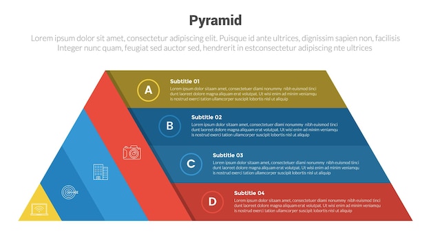 Piramidevorm driehoek podium infographics sjabloon diagram met piramide driehoek box informatie en 4-punts stap creatief ontwerp voor diapresentatie