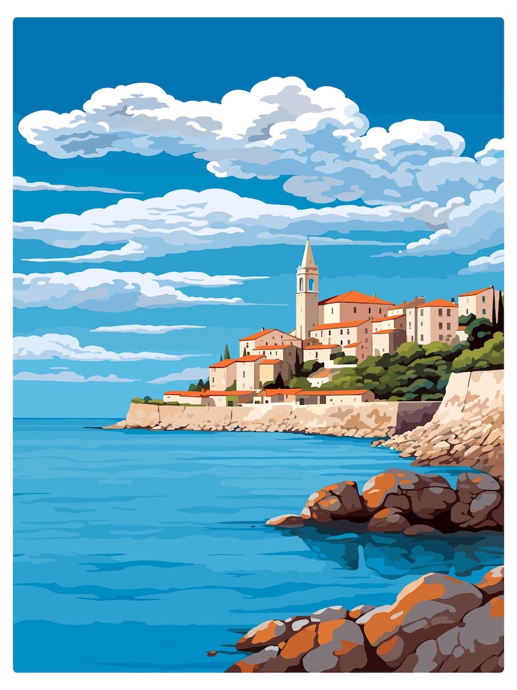 Vector piran slovenia vintage travel poster souvenir postcard portrait painting wpa illustration