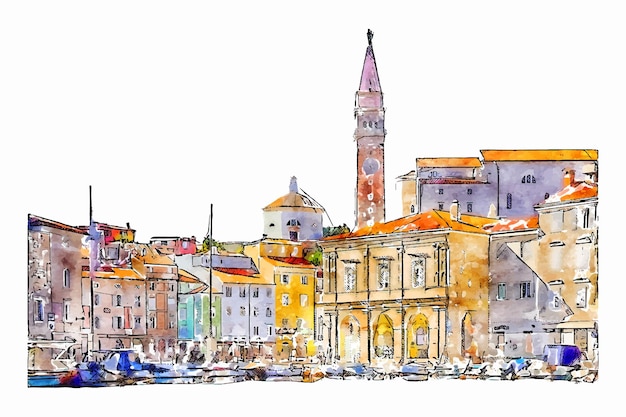 Vettore illustrazione disegnata a mano dell'acquerello di pirano slovenia isolata su priorità bassa bianca