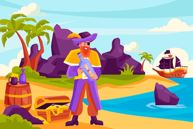 Иллюстрация пиратских приключений в плоском дизайне