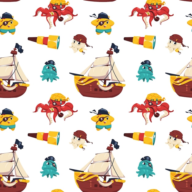 Modello di animali pirata stampa senza cuciture di animali nautici sottomarini in costumi da pirata illustrazione per bambini di polpo pesce scimmia pappagallo texture vettoriale