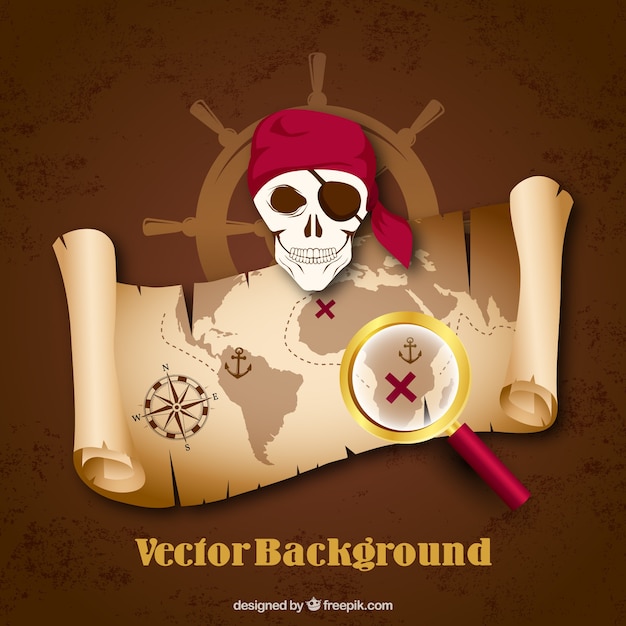 Pirate background with treasure map and magnifying glass